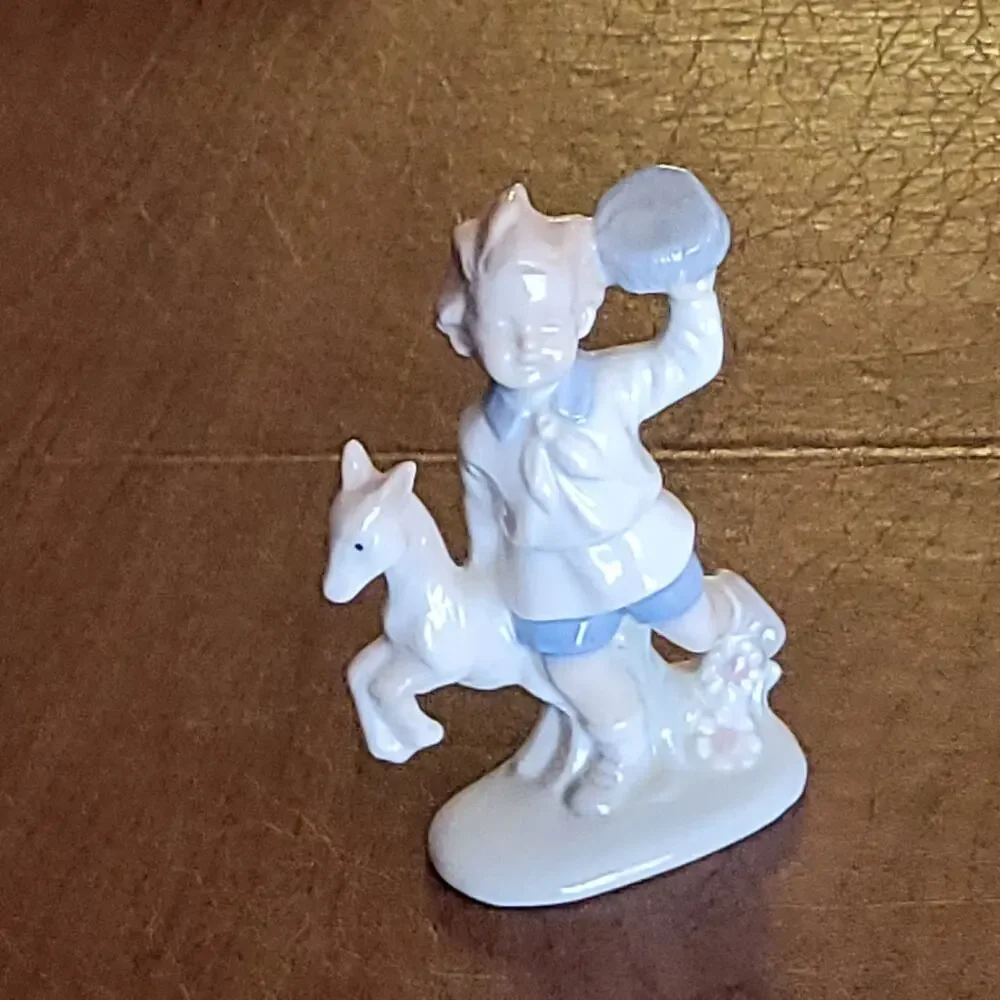 Vintage Lego Japan Boy & Dog Figurine Fine Porcelain Pastels High Gloss 1970s